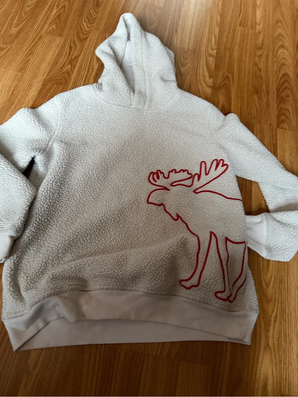 abercrombie kids Cream Sherpa Hoodie with Red Moose Outline